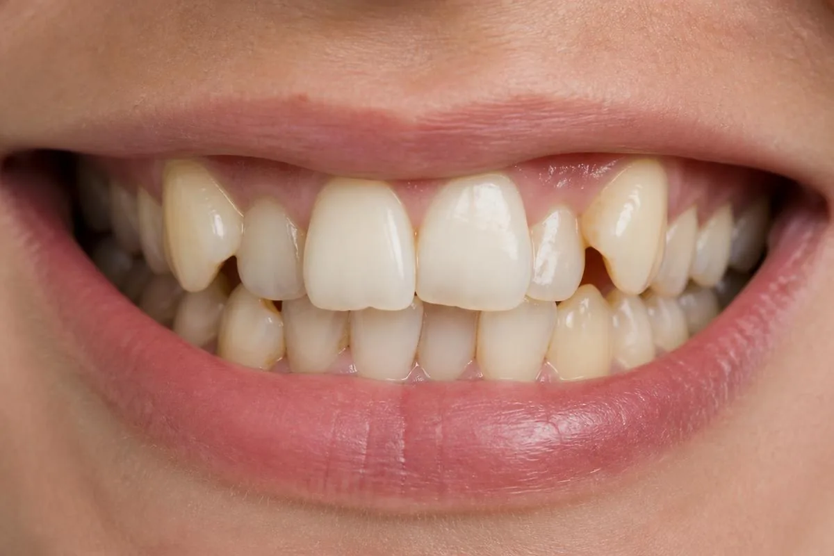 Close-up of a patient's teeth before treatment, showing crowding and uneven front teeth